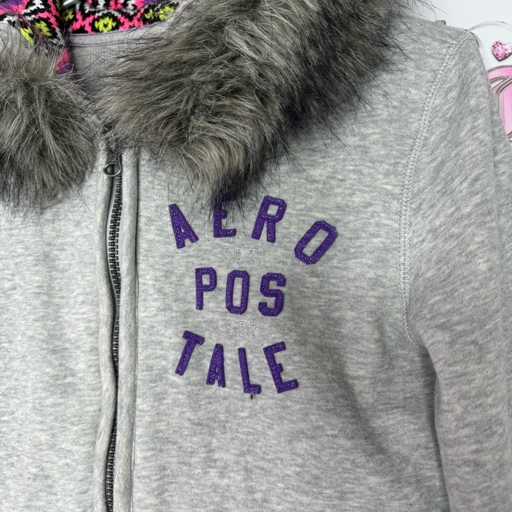Aeropostale hoodie fur trim hood knit crochet neon inside hood zip up sweater - Picture 5 of 14